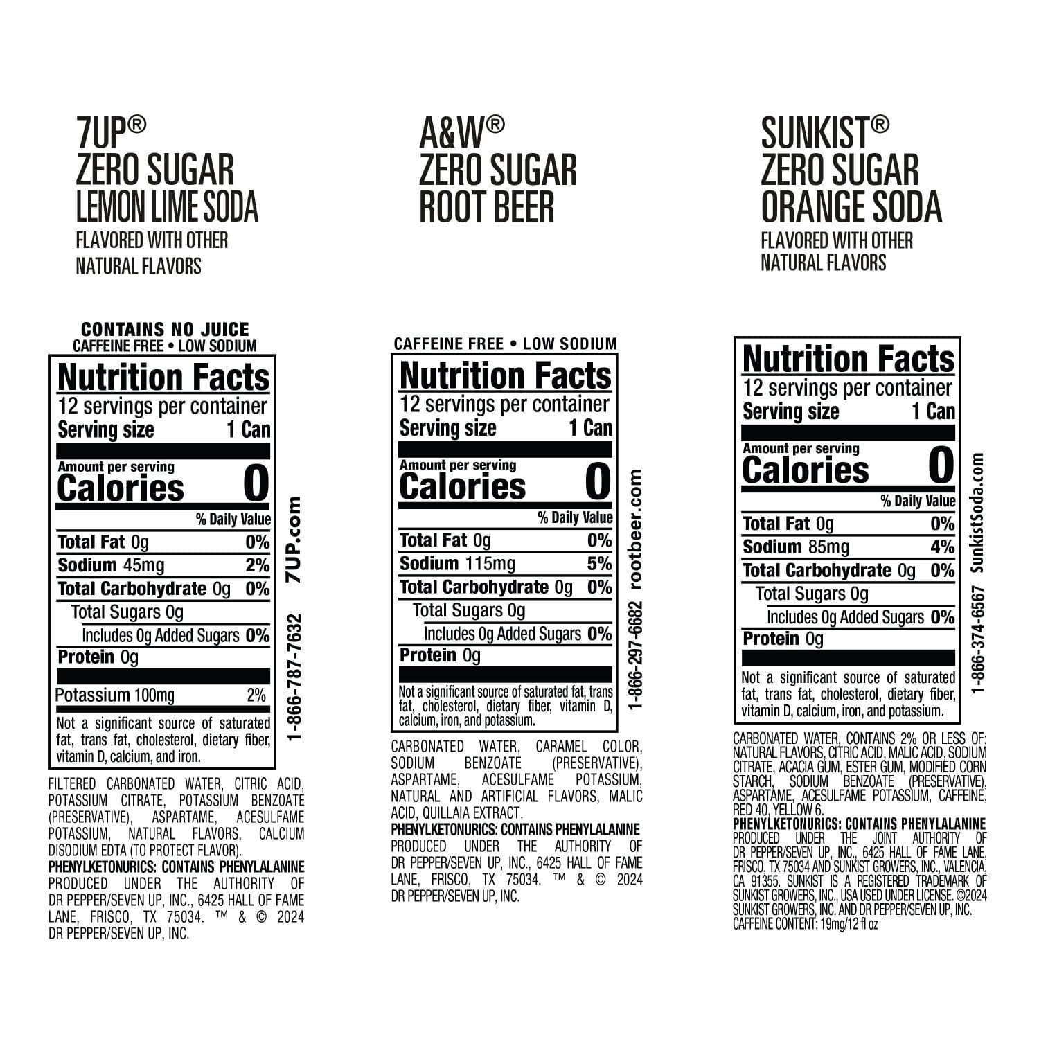 7UP, Sunkist & A&W Zero Sugar Soda Variety Pack, 12 fl oz Cans, 36 Pack – Zero Calories, Assorted Flavors