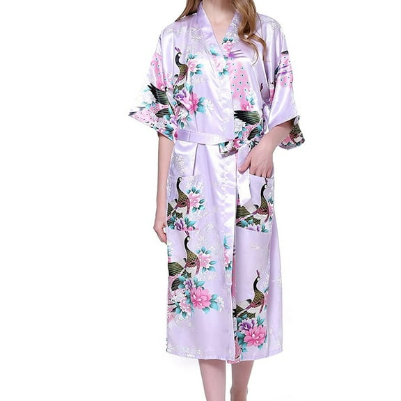 QENGING Womens Sleepwear Clothes Open Front Belted Satin Night Robe Floral Print Long Nightgowns