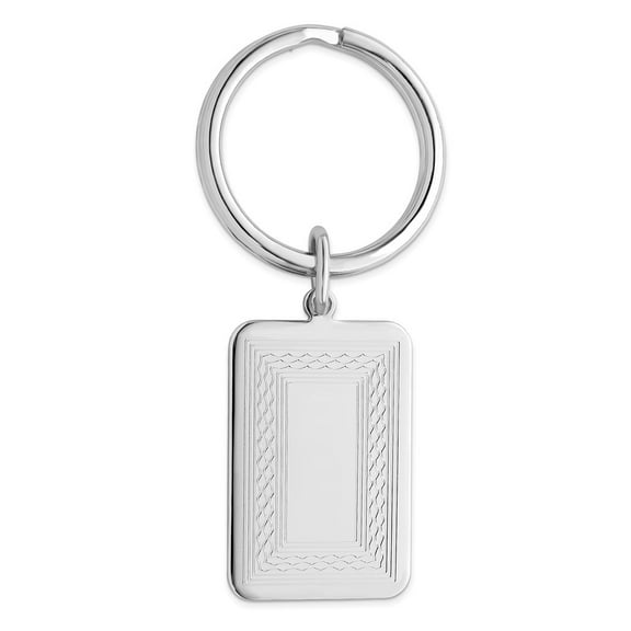 Solid Polished Engravable Silver Plated and Rhodium Patterned Border Key Ring Jewelry for Men