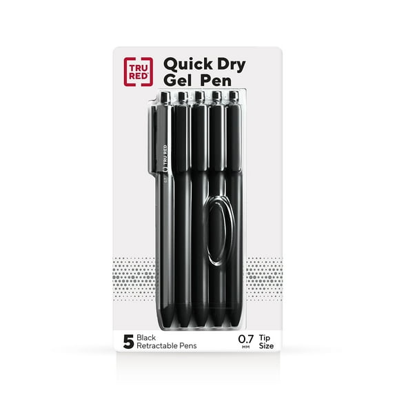 Staples TRU RED Retractable Quick Dry Gel Pens Med Point 0.7mm Blk 5/Pack TR54494