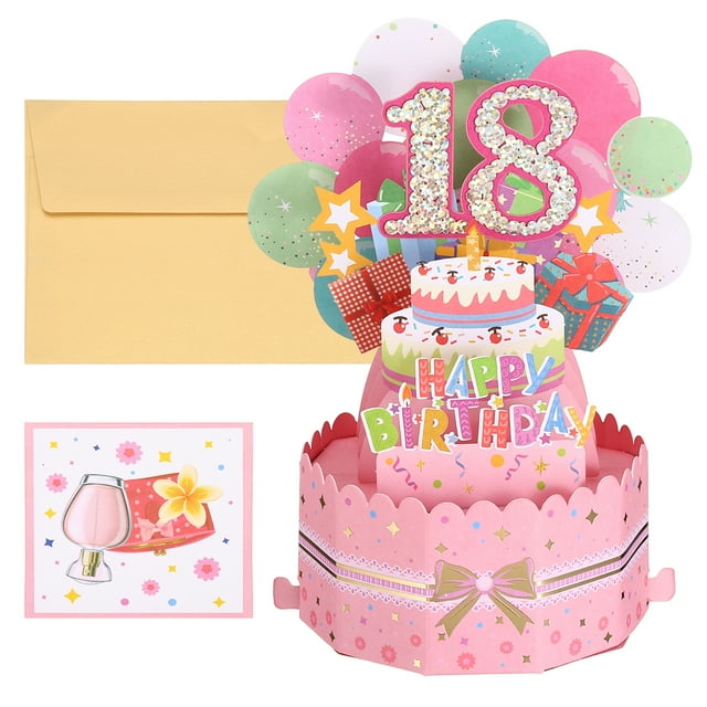 Uxcell 18th Birthday Card, Pop-Out Birthday Card with Greeting Card and Envelope for Women Girl Gift, Pink