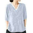 thumbnail image 2 of Wiyuqeen Cotton Linen Tops for Women Elegant Floral Embroidery Blouses Dressy Casual Half Sleeve Tunic Tops Loose V Neck Tee Shirts Basic Solid Tees, 2 of 6