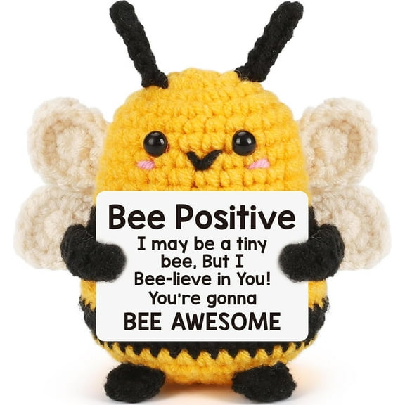 2pcs Emotional Support Bee, Positive Crochet Bee Doll with Card, Inspirational Small Handmade Knitted Animals Cute Stuff, Funny Gifts for Women Men Birthday Friends Coworkers, Christmas Office Decor