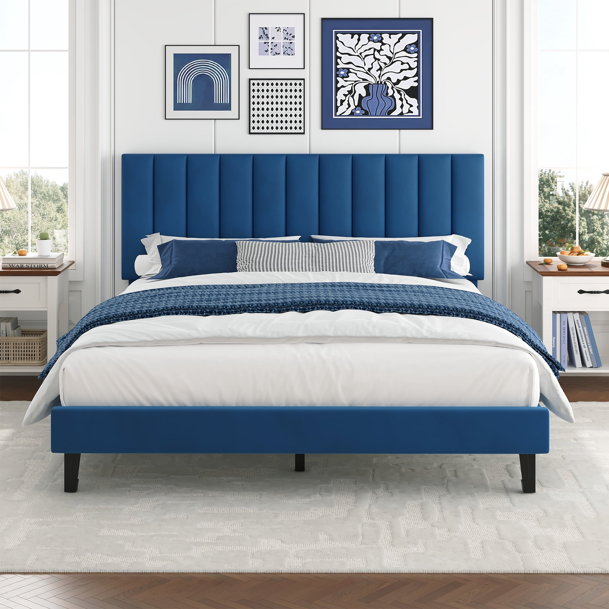 GOGRANT Velvet Upholstered Platform Bed Frame with Adjustable Headboard, Queen