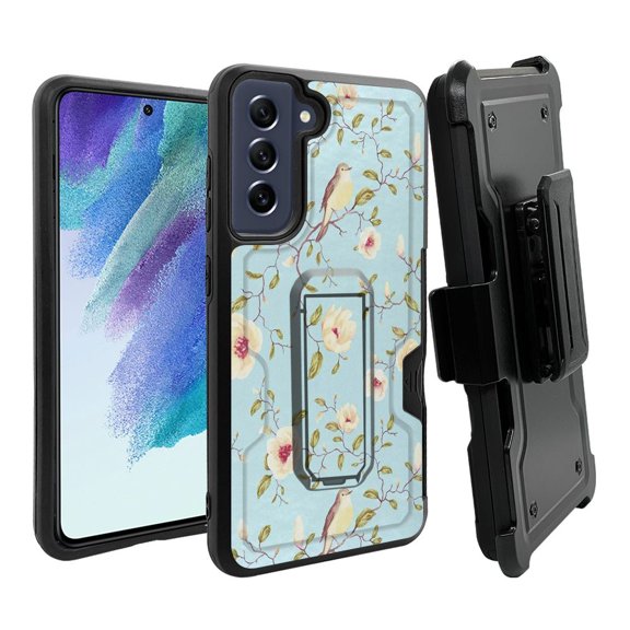 ANJ  Rugged Dual Layer Hybrid Holster Kickstand Case w/ Card Slot   Tempered Glass Cover for Samsung Galaxy S21 FE 5G - Flower and Birds (Blue)
