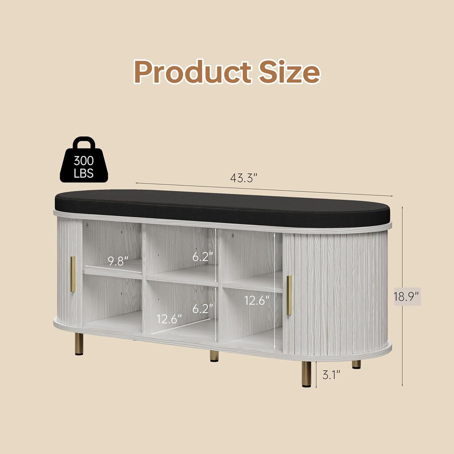 avobird 43.3" 2-Tier Storage Bench,Wide Shoe Bench with Thickened Padded Seat Cushion, Mid Century Modern Fluted Sliding Door and Adjustable Shelf, for Entryway,Bedroom White