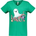thumbnail image 3 of Inktastic Cute Ghost Octopus Trick or Treating with Bat Women's V-Neck T-Shirt, 3 of 5