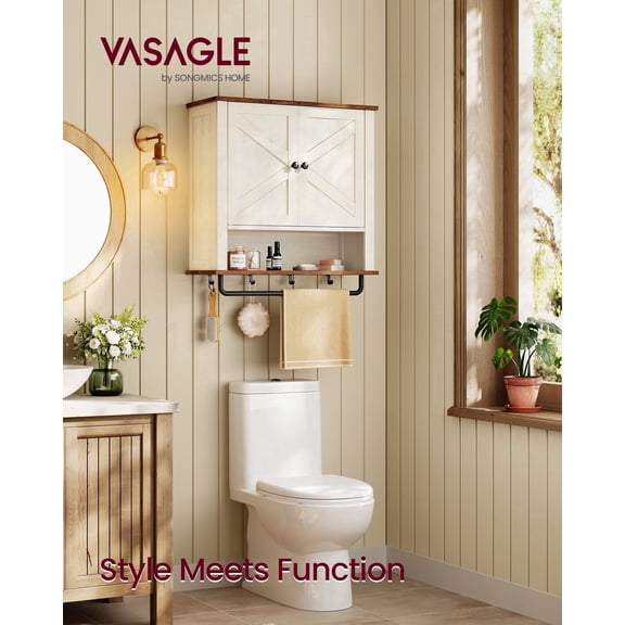VASAGLE LIRY Collection - Bathroom Wall Cabinet, Farmhouse Wall-Mounted Medicine Storage Cabinet with 2 Barn Doors, Adjustable Shelf, Towel Bar, 7.9 x 23.6 x 28.7 Inches, Rustic White
