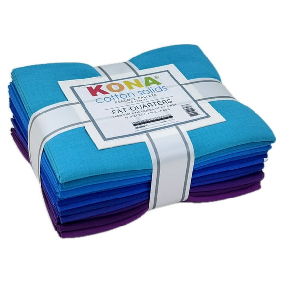 Fat Quarter Bundle Kona Cotton Solids Peacock Palette Blues Purples Robert Kaufman Quilter's Fabric Precuts 12 Fat Quarters (FQ-1369-12) M200.15