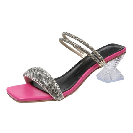 

Fanxing Heels for Women Open Toe Casual Slip On Summer Dressy Sandals Block Mid Heels Rhinestones Strappy Sandal Pumps