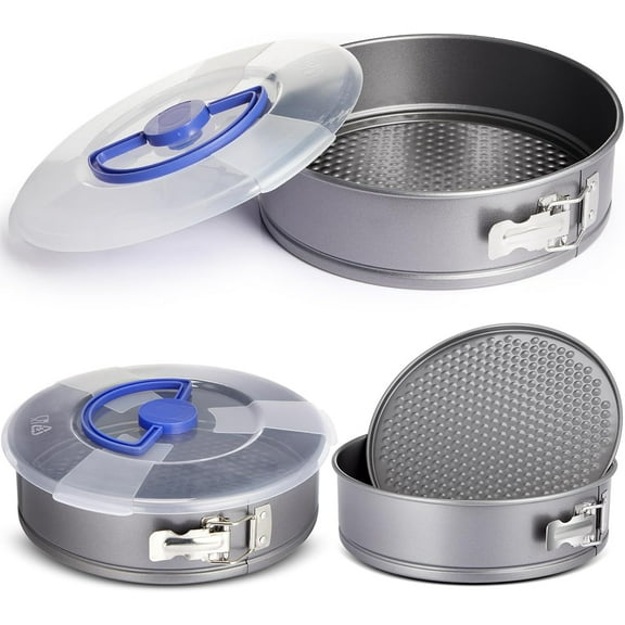 2 Pcs Springform Cheesecake Pan with Lid and Removed Bottom 9 Inch gray Non Stick Round Cake Pan Travel Friendly Carbon Steel Bakeware for Pie Cake Pizza
