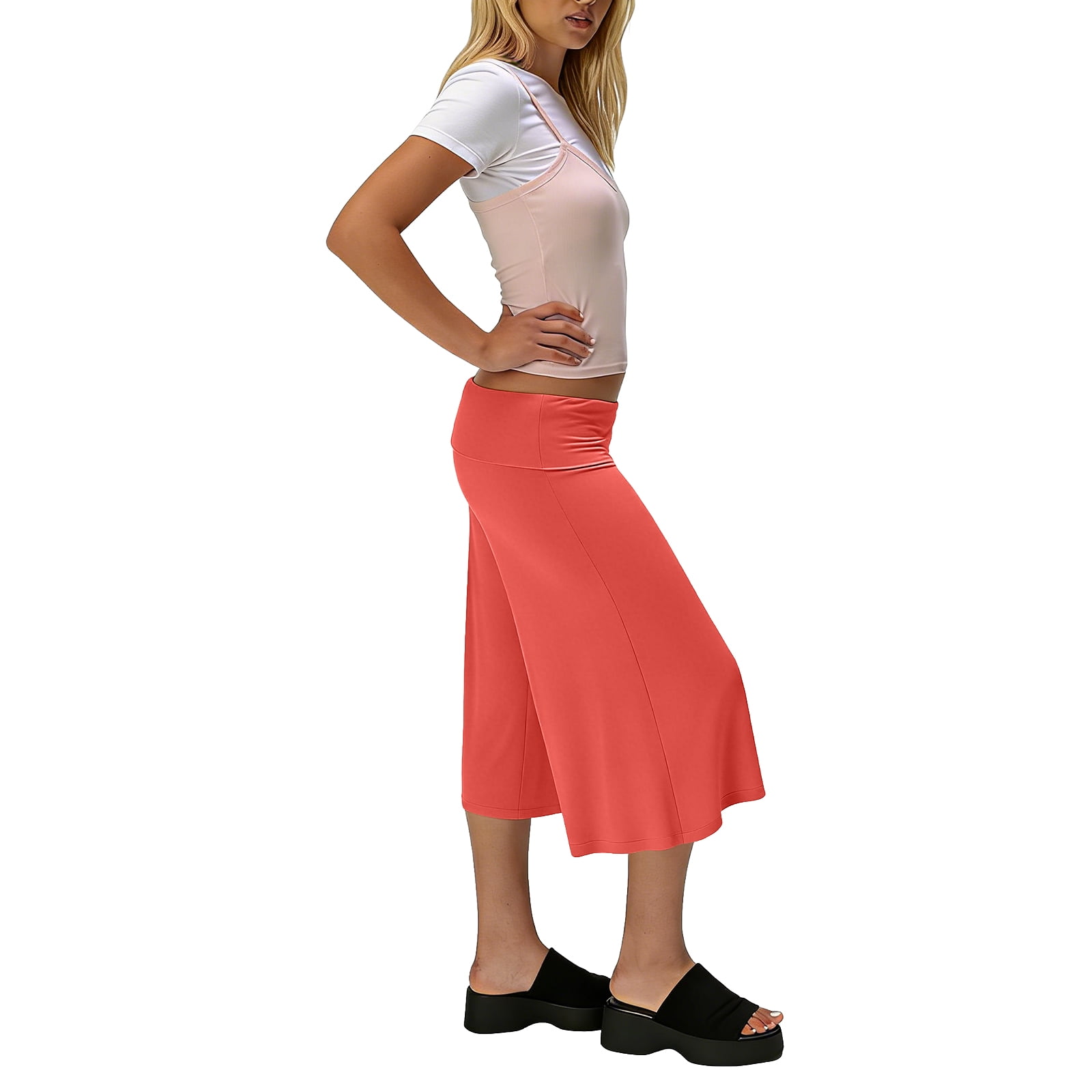 Inglocry Womens Fold Over Capri Pants Flowy Low Rise Wide Leg Flared Gaucho Pants Yoga Capris Comfy Palazzo Culotte Lounge Bottoms Watermelon Red S