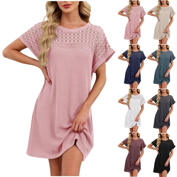 T Shirt Mini Dress For Women Crew Neck Short Sleeve Lace Patchwork Nightgown Casual Comfy Pajamas Loose Fit (XL, Pink)