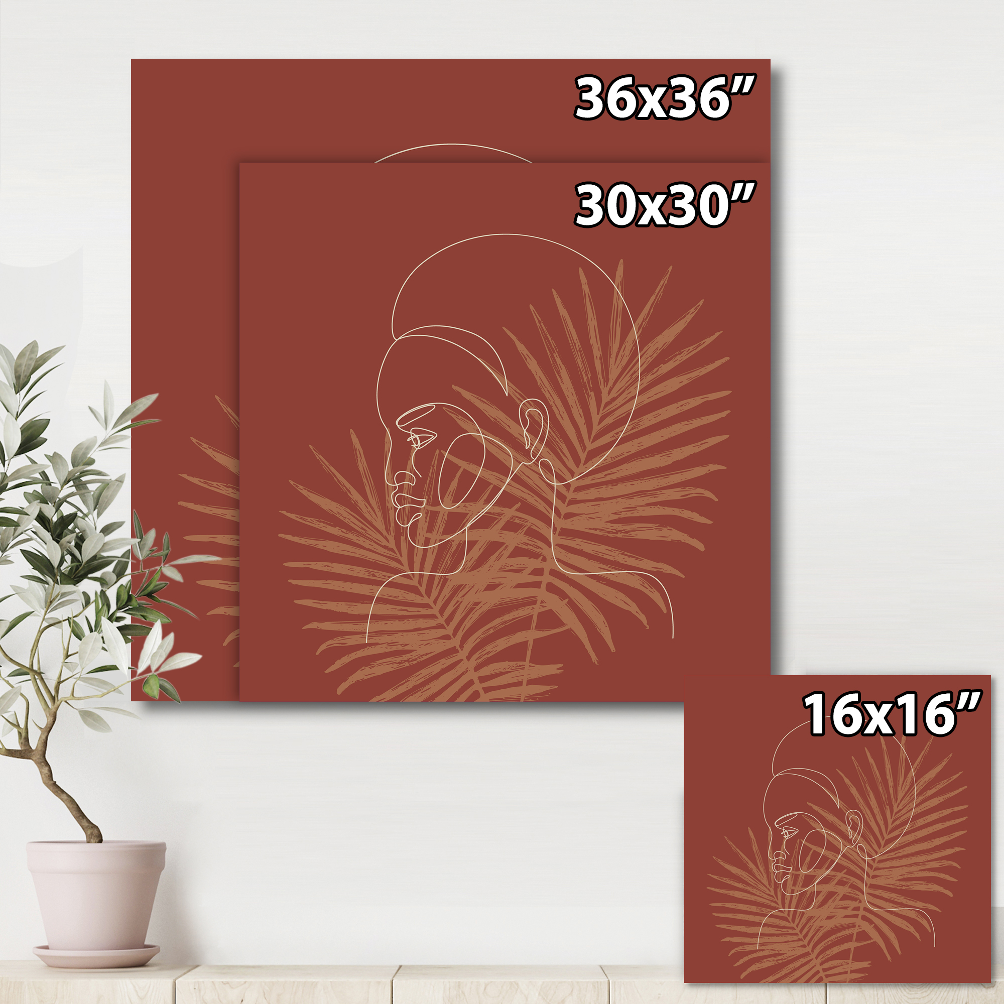 Silhouette of Afro American Woman on Palm Leaves 16 in x 16 in Painting Canvas Art Print, by Designart