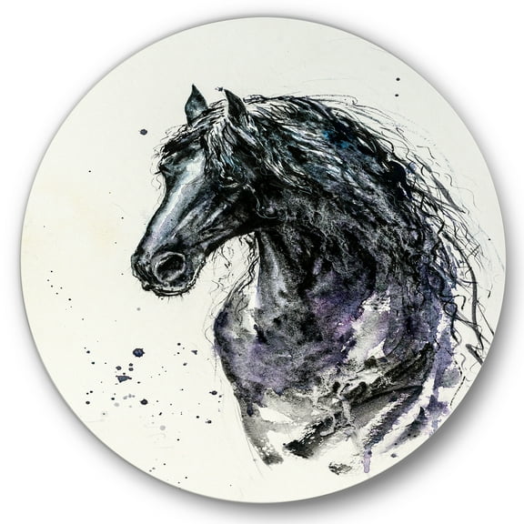 Designart 'Close Up of Friesian Horse With Long Manes' Farmhouse Circle Metal Wall Art 36x36 - Disc of 36