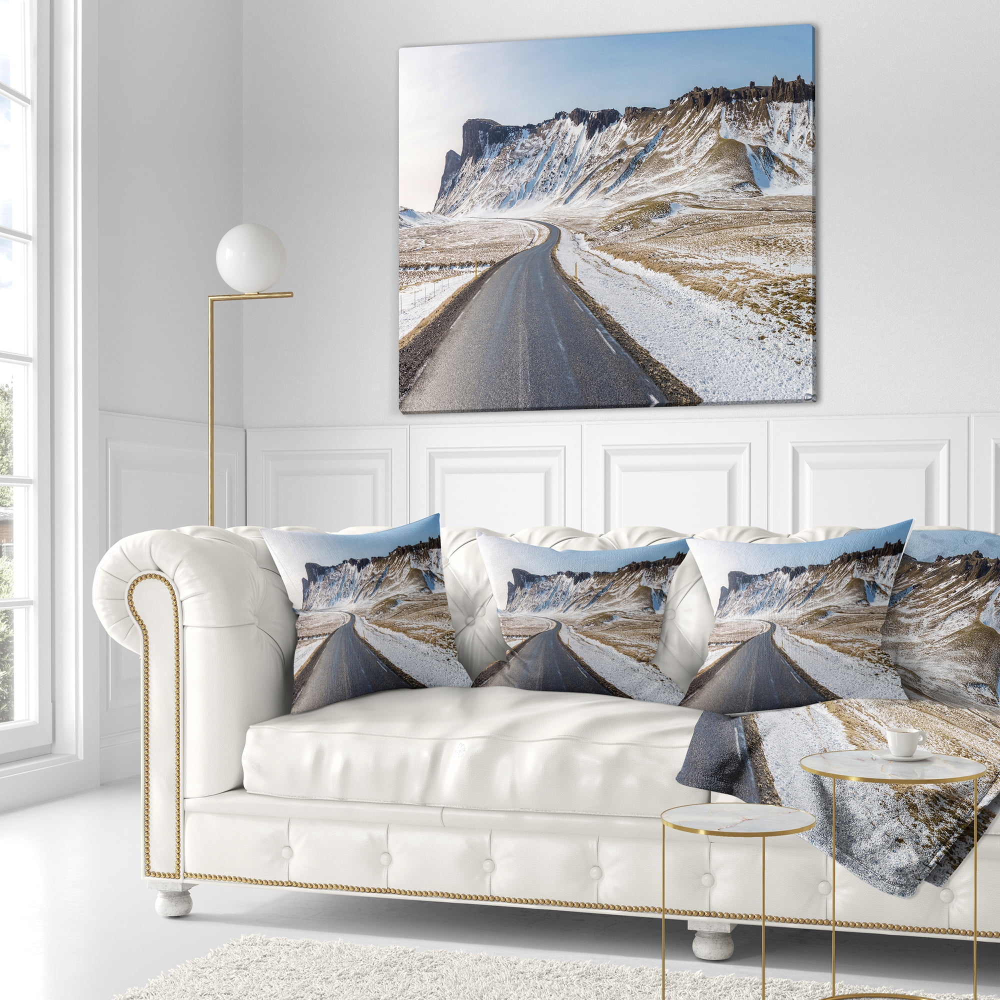 Designart Range Road in Winter Mountains - Landscape Printed Throw Pillow - 18x18