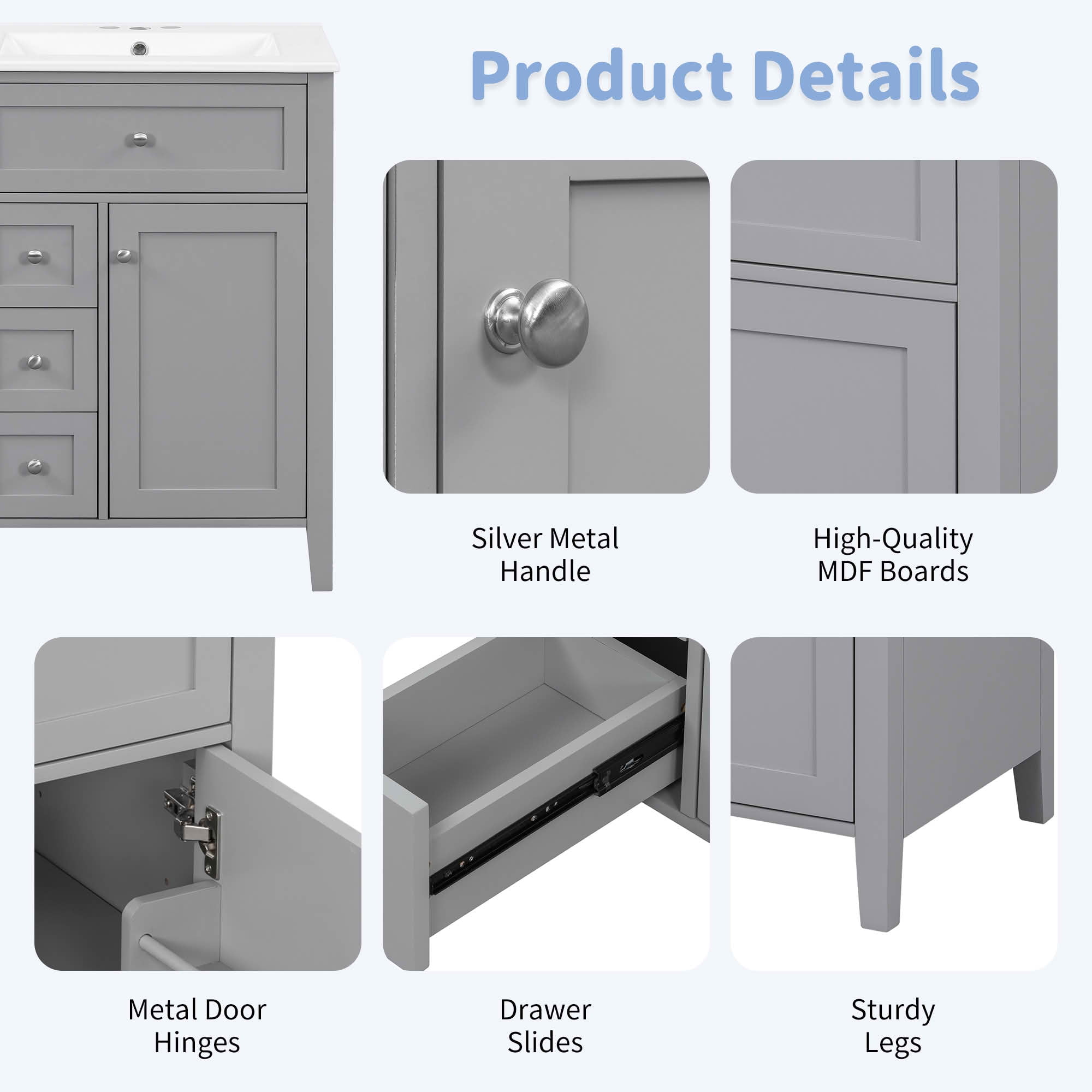 MAYEERTY 24" Bathroom Vanity with Sink, 3 Drawers Cabinet Adjustable Shelves MDF Rubberwood, Modern Small Medium Bathrooms, Gray