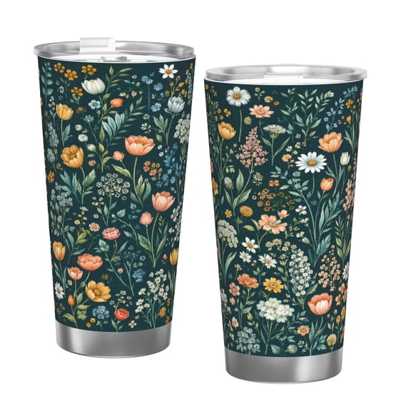 20oz Dark Teal Wildflower Car Tumbler Insulated Travel Cup with Handle and Straw Lid Floral Gift with Single Silver Rim