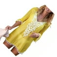 thumbnail image 1 of Langgg Robe de Plage en Dentelle pour Femme, Cache-Maillot à Col en V avec Pompons, Style Bohème, Jaune, TG, 1 of 7