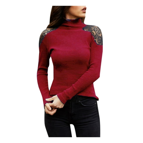 Women's Fashion Turtleneck Lace Blouse Long Sleeve Casual Tops Pullover Sweater Comfortable Elegant T-Shirt Style