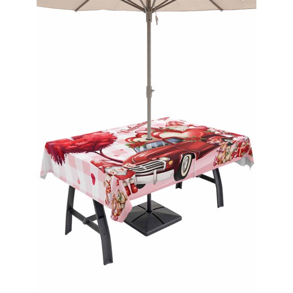 Outdoor Tablecloth with Umbrella Hole and Zipper, Pink Valentine's Day Rectangle Table Cloth 60x120 Inch Waterproof Tablecloth, Love Heart Gnomes Truck Roses Plaid Picnic Table Cover for Patio