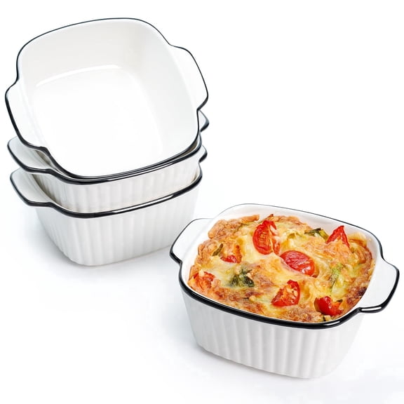 4-Pack 5.7" Ceramic Baking Dishes, Oven & Microwave Safe Square Bowls with Handles, 13oz, White, for Kitchen, Air Fryer, Gifts