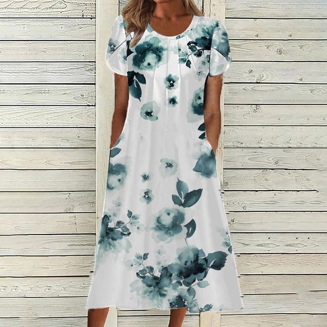 Robe d'Été Tendance Femme Décontractée Col Rond Imprimé Manches Courtes Poches Robe Liquidation