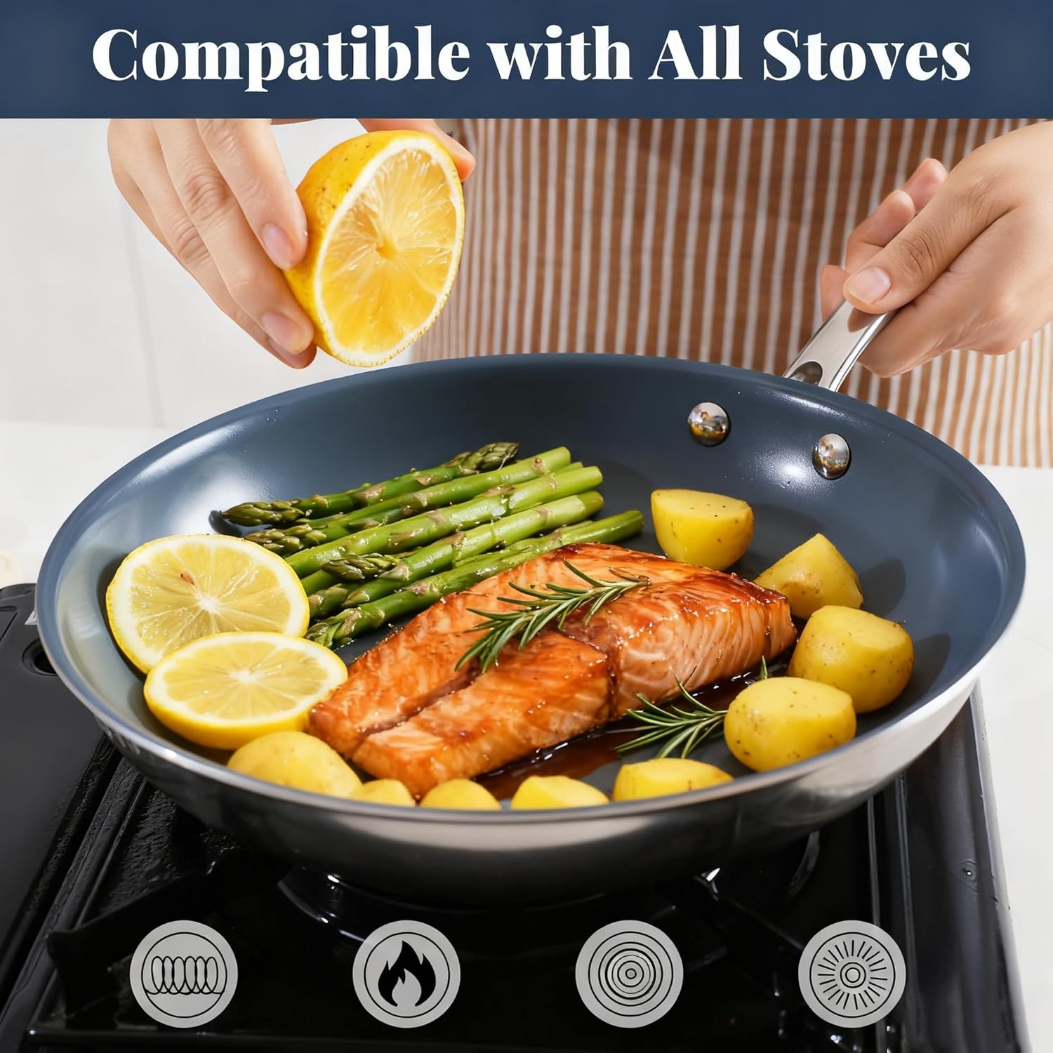 10 Inch Stainless Steel Non Stick Frying Pan with Ceramic Coating and Lid, Blue Induction Safe Cookware for Gas Electric Stove