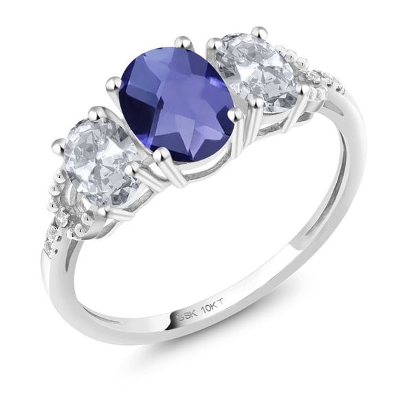 Gem Stone King 10K White Gold 3-Stone Diamond Engagement Ring 1.87 Ct Oval Checkerboard Blue Iolite White Topaz (Size 5)