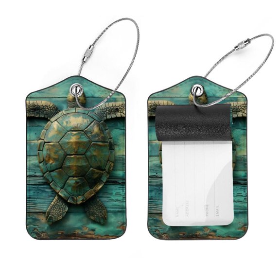 PhooArto 2 Pcs Sea Turtle on Teal Wooden Luggage Tag for Suitcases, Leather Baggage Tags Identifiers for Travel, Stainless Steel Loop Name ID Label for Women Bag Backpack
