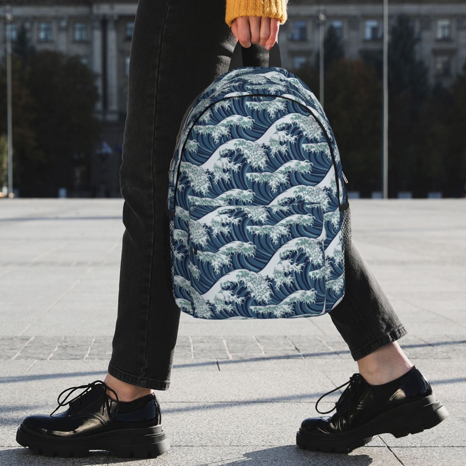 Rateoe A Japanese Great Wave Pattern Student Backpack Water-resistant Backpack 15-inch Laptop Backpack Lightweight Adjustable School Backpack