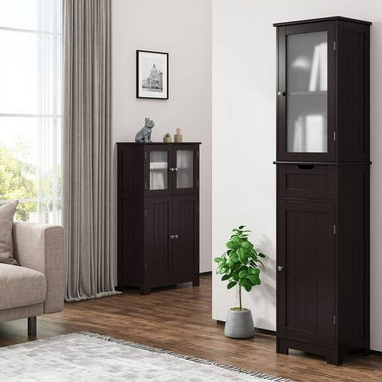 Homfa Bathroom Storage Cabinet, Brown Linen Cabinet, Narrow Tall Cabinet  Storage Tower with Door and Drawer