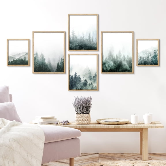 PixonSign Framed Canvas Print Wall Art Set - Misty Pine Tree Forest Mountain Landscape Posters - Gallery Set of 9 Nature Wilderness Plants Photography Art Wall Décor for Living Room - Natural