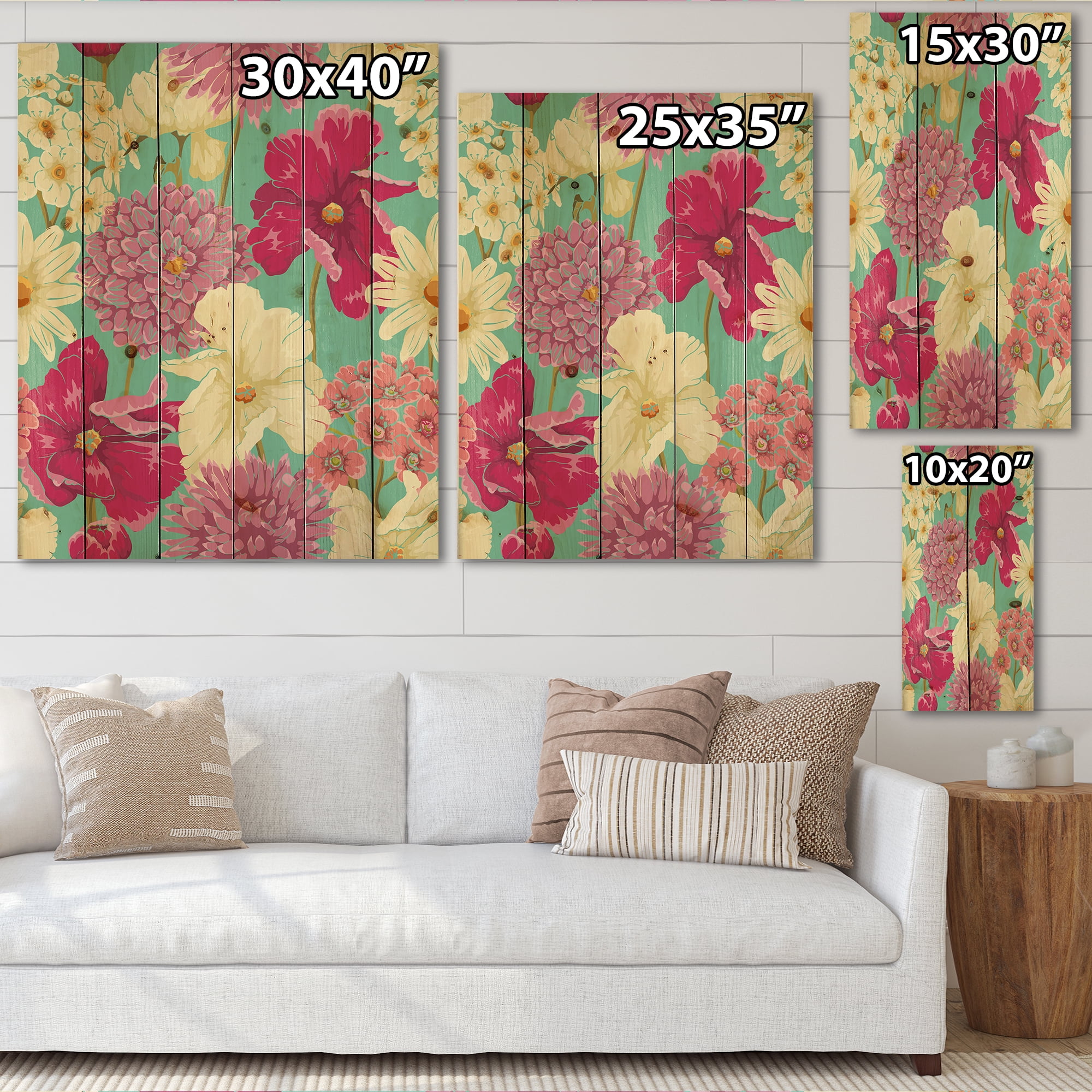 Designart 'Vintage Yellow and Pink Flowers' Traditional Print on Natural Pine Wood