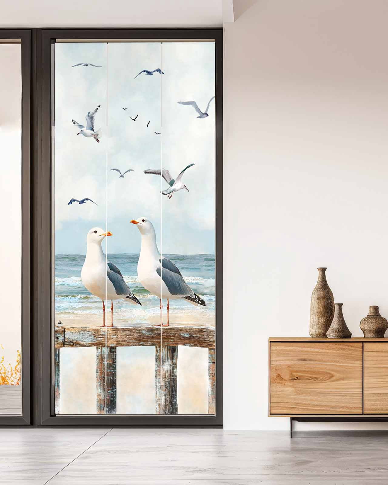 Window Privacy Film Coastal Seagull Stained Glass Window Film Decorative Sun Block Window Cover Summer Beach Ocean Birds Retro Window Clings Static Adhesive Sticker for Bathroom 35.4"x78.7"