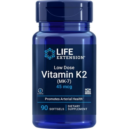 Life Extension Low Dose Vitamin K2, 45 mcg, biologically active vitamin K2, cardiovascular health, 90 softgels