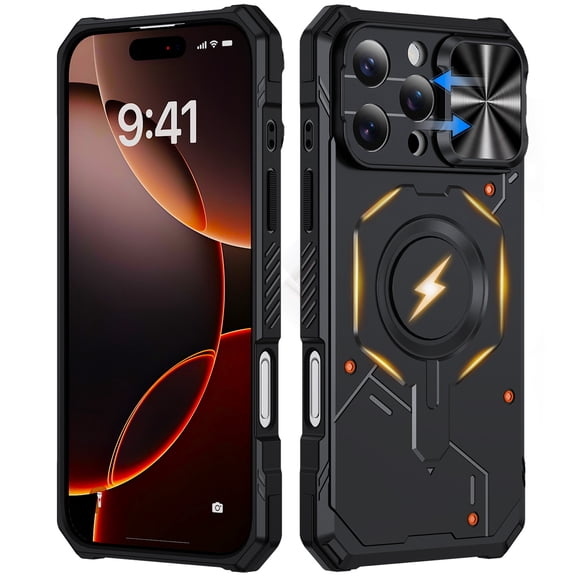 ELEHOLD Rugged Magnetic Phone Case for iPhone 16 Pro, Shockproof Heavy Duty Protective Cover with Camera Shield Non-Slip Grip, Black