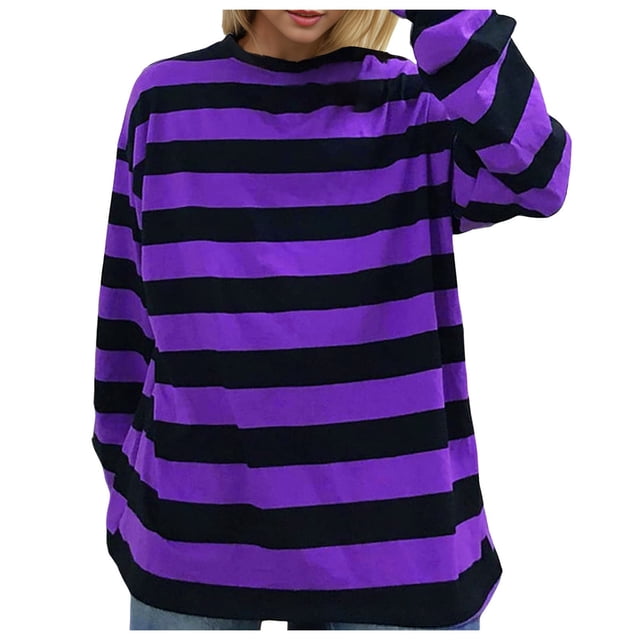 T-Shirt à Manches Longues Rayé pour Femmes Blouse Col Rond Décontractée Haut de Mode Confortable Tissu Doux 2024