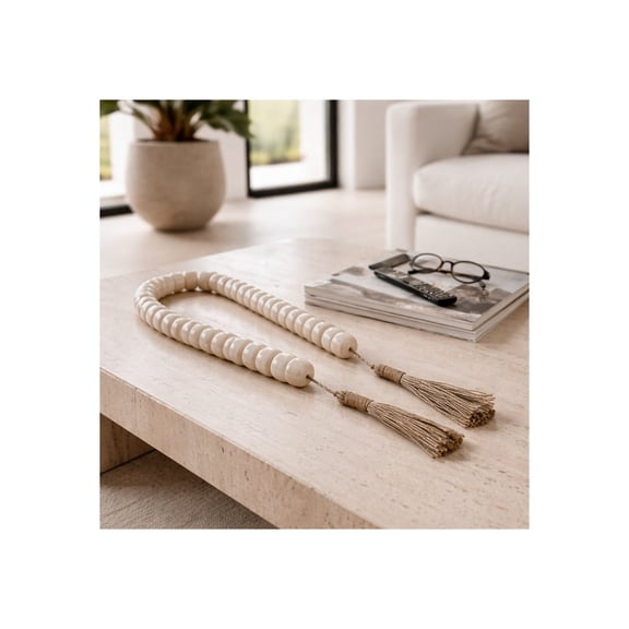 Slim Beaded Garland Accent with Jute Tassels for Home Decor - Modern Bathroom, Office, and Living Room Styling - Decorative Ornaments for Shelf and Coffee Table Decor - 1", Ivory & Tan