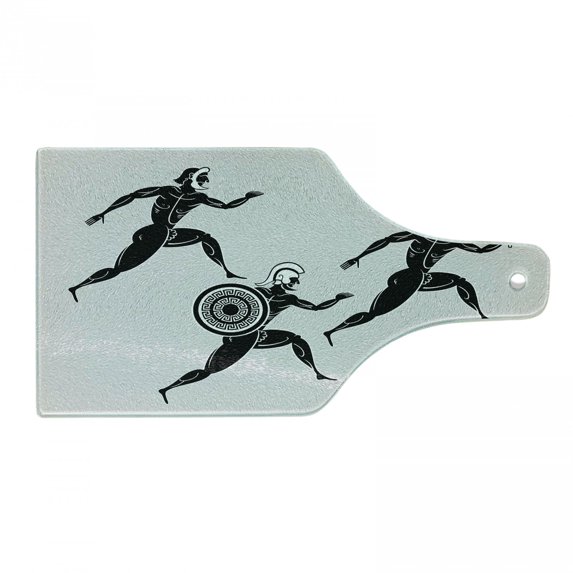 Retro Cutting Board, Historical Spartan Runners Antique Body Heritage Illustration, Decorative Tempered Glass Cutting and Serving Board, Wine Bottle Shape, Pale Grey Black, by Ambesonne
