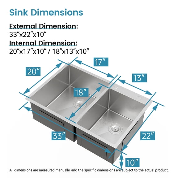 Boyuevi 33"x19" Embedded Double Bowl Kitchen Sink, Overmount Handmade Sink in Brushed (Sink only)