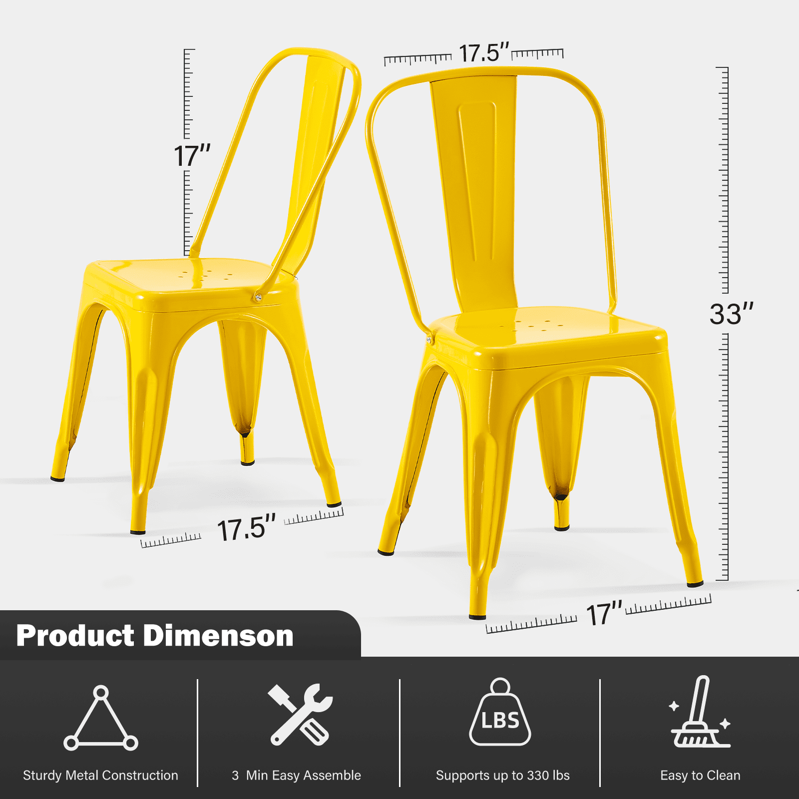 SOLEGGIATA Yellow Metal Dining Chairs Set of 2 Industrial Stackable Chairs Suitable for Indoor Outdoor Dining Room Kitchen Restaurant Cafe Daisy Yellow