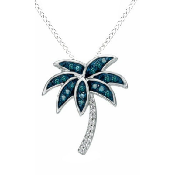 AFFY Greenish Blue & White Natural Diamond Palm Tree Pendant Necklace in 14k White Gold Over Sterling Silver (0.10 cttw)