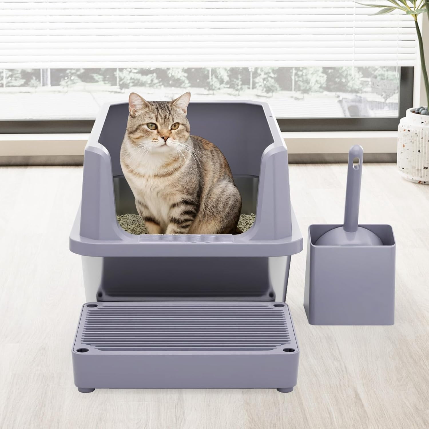 Stainless Steel Cat Litter Box with Odor Control - High Sides, Easy Clean Non-Porous Design - Includes Scoop for Open Top Fast Scooping