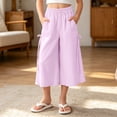thumbnail image 2 of ZHOGXU Kids Child Girls Summer Capri Pants Elastic Waist Solid Color Wide Leg Breathable Lightweight Fashion Trousers With Pockets For Casual Daily Wear ,Purple,10-11 Years, 2 of 6