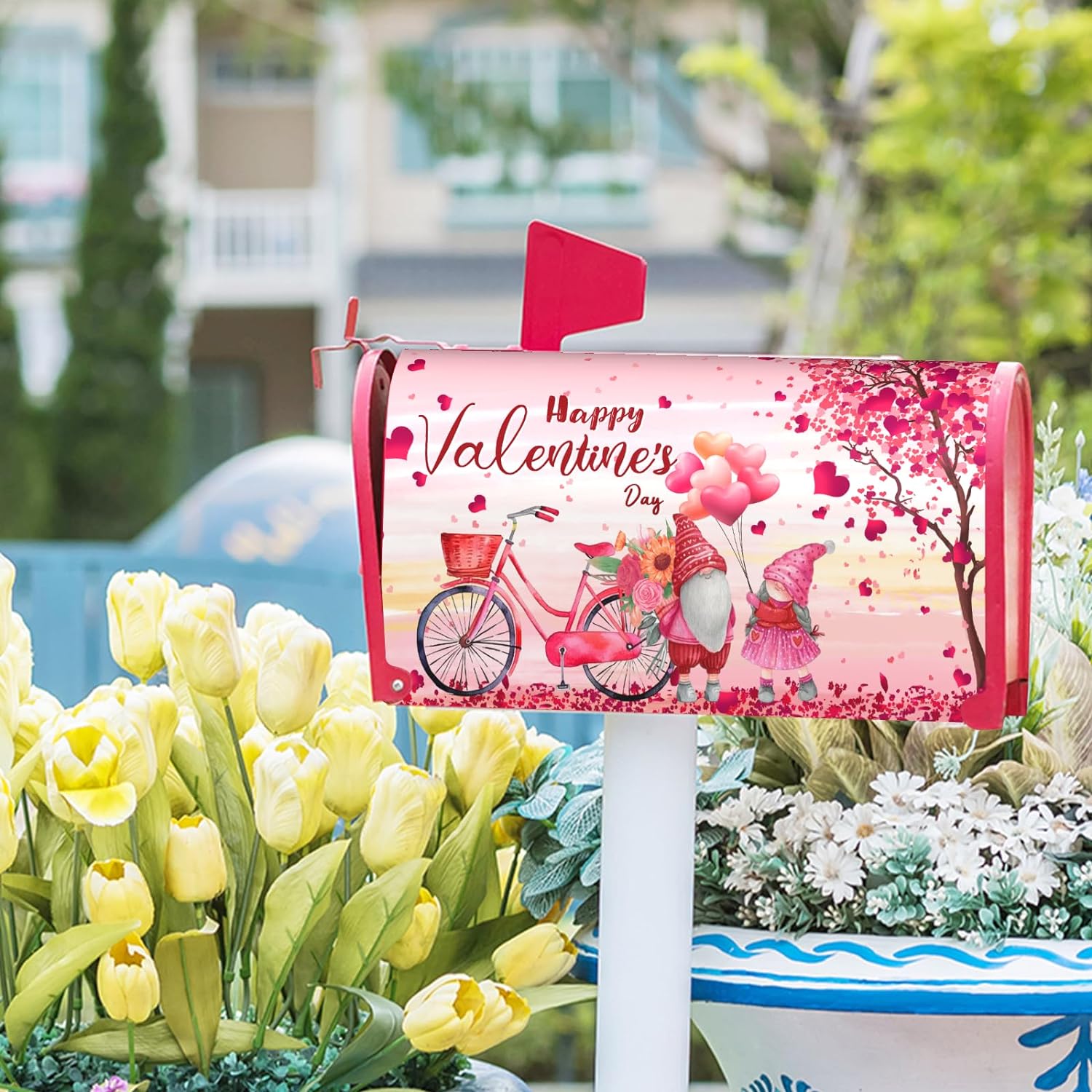 Happy Valentine's Day Love Mailbox Cover Magnetic Standard Size 25.5" X 21" Bicycle Red Heart Tree Mailbox Covers Ventine's Gnomes Decor Magnetic Mailbox Covers Post Letter Box Cover for Outdoor Decor