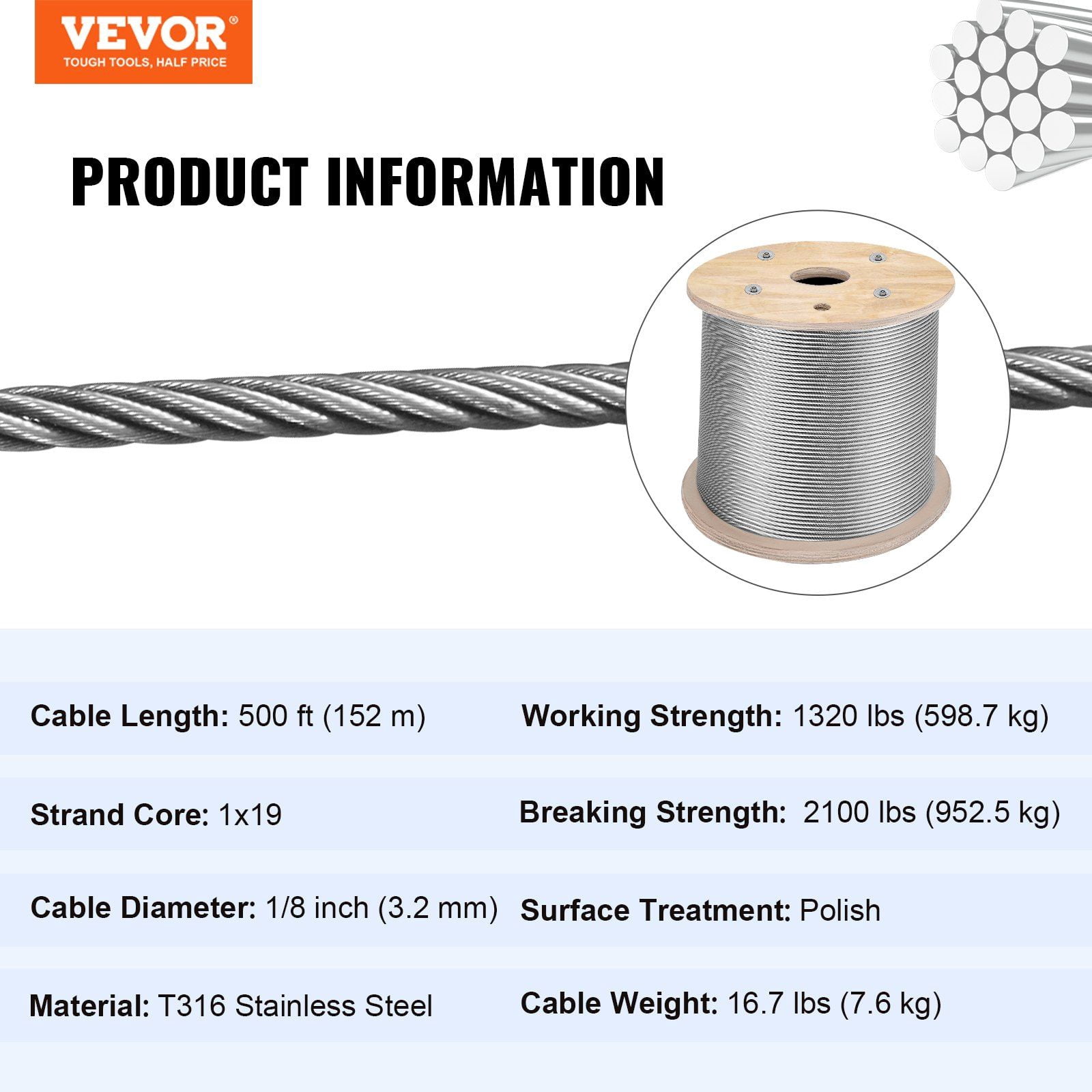 Aircraft Braided Stainless Steel Cable 1/8" 500ft, 316 Grade - Porch, Baluster & Handrail Wire Rope, Durable & Weatherproof