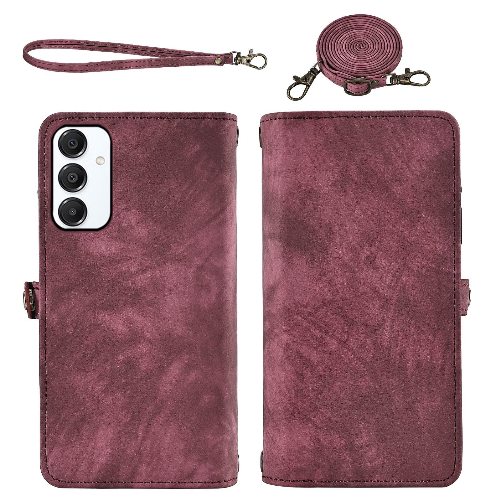 Asuwish Phone Case for Samsung Galaxy A16 5G/4G Zipper Wallet Detachable Cell Cover with Tempered Glass Screen Protector Crossbody Lanyard Strap Flip Card Holder A 16 16A SM-A166U Women Men Girls Red