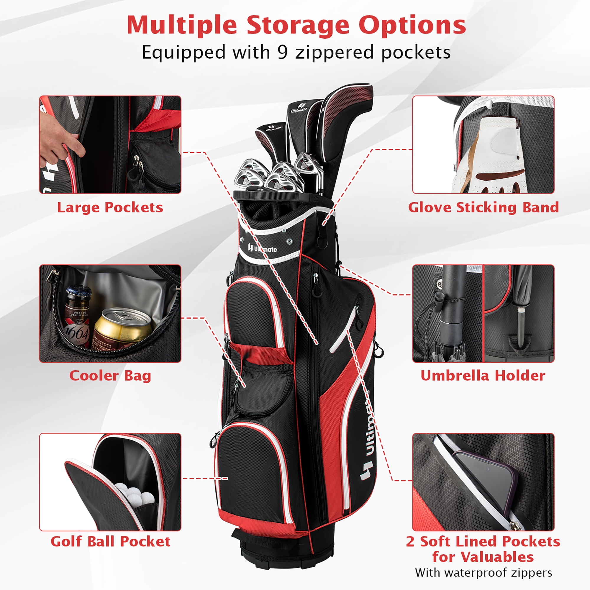 Gymax Golf Cart Bag Lightweight Golf Club Bag w/ 14 Way Dividers Top & Carry Handles Red