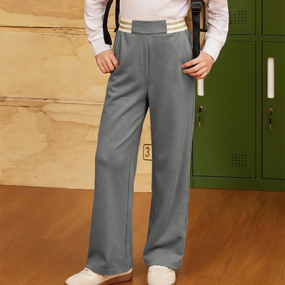 Solid Color Girls Loose Straight Pants, Decorative Striped Waist Casual Wide Leg Sweatpants With Pockets, Lightweight Fabric for Holiday School Clothing Gray 140